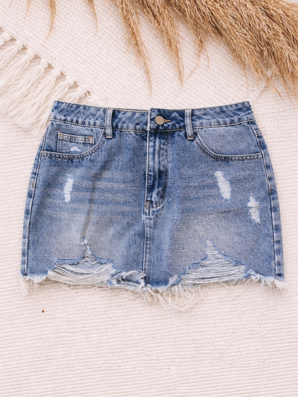 Distressed Light Blue Denim Mini Skirt Size S